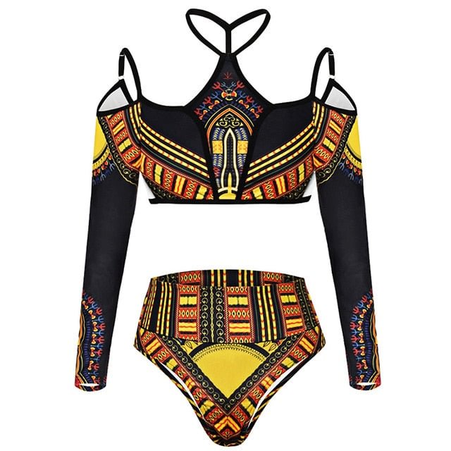 African Print Long Sleeve High Waist Bikini Women Swimsuit Female Swimwear Two Pieces Bikini Set Off Shoulder Bathing Suit Swim