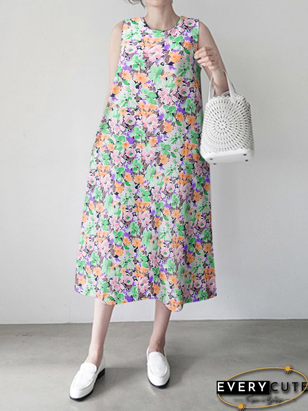 Calico Sleeveless Round Neck Print Dress