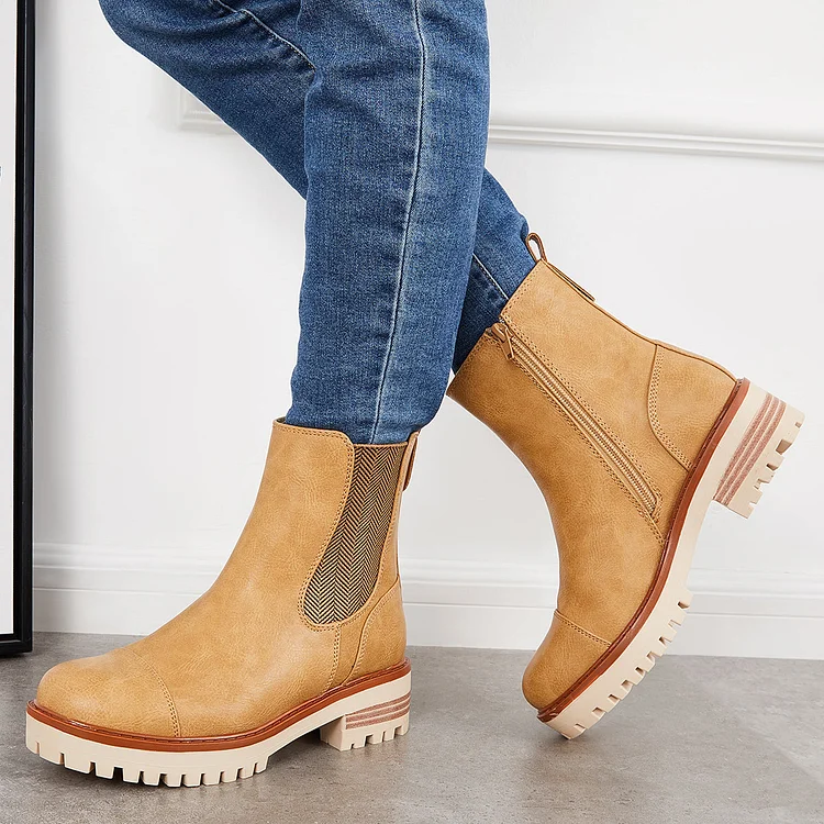 Platform Lug Sole Work Ankle Boots Round Toe Chunky Block Heel Booties