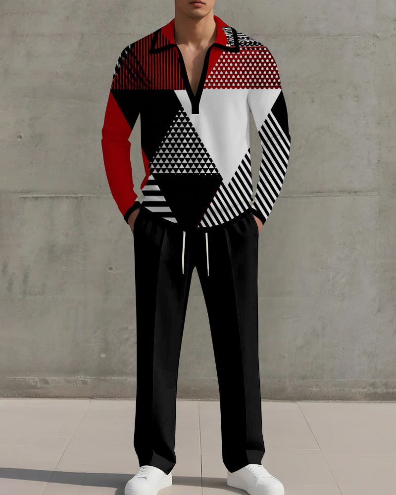 Big & Tall Men's Black And Red Geometric Print POLO V-Neck Long Sleeve Pants Two-Piece Set