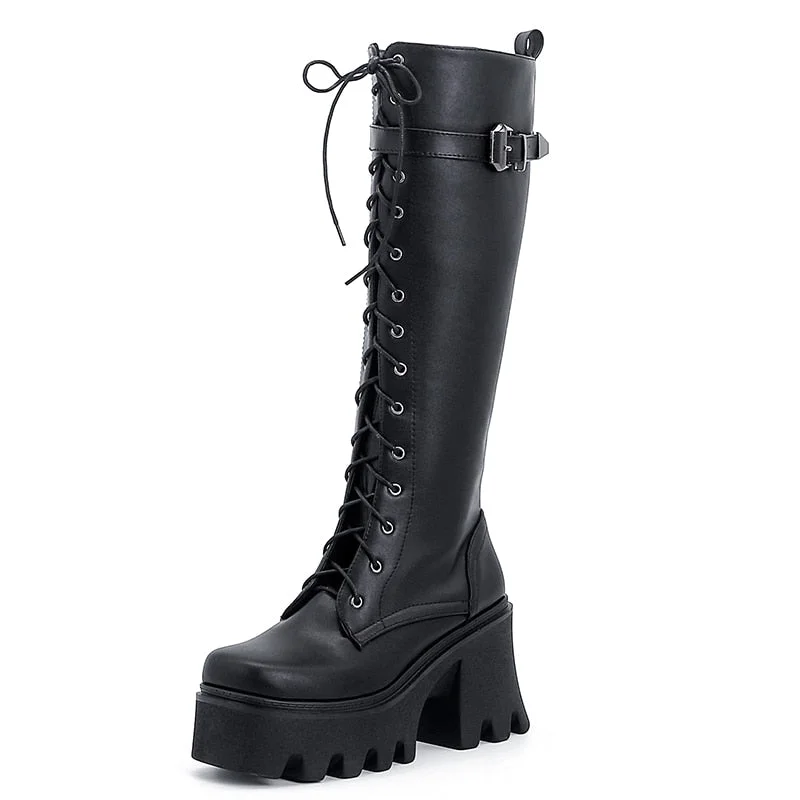 Vstacam Lace Up Demonia Boots Platform Knee High Chunky Heel Boot For Women Rubber Sole Top Quality Side Zip Motorcycle Boots