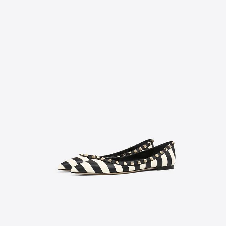 Black and White Rivets Pointy Toe Comfortable Flats |FSJ Shoes