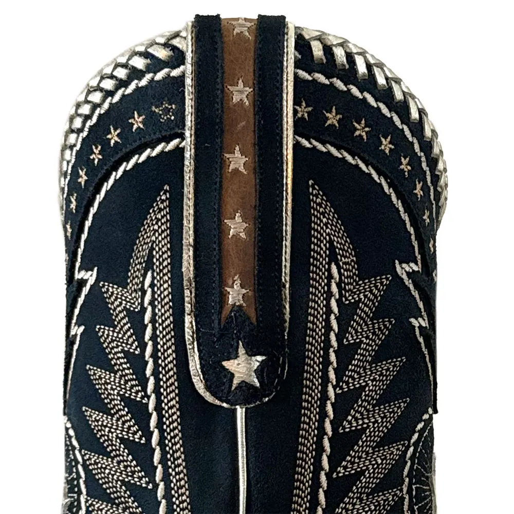 Brown & Navy Square Toe Stars Embroidered Cowgirl Mid-Calf Boots