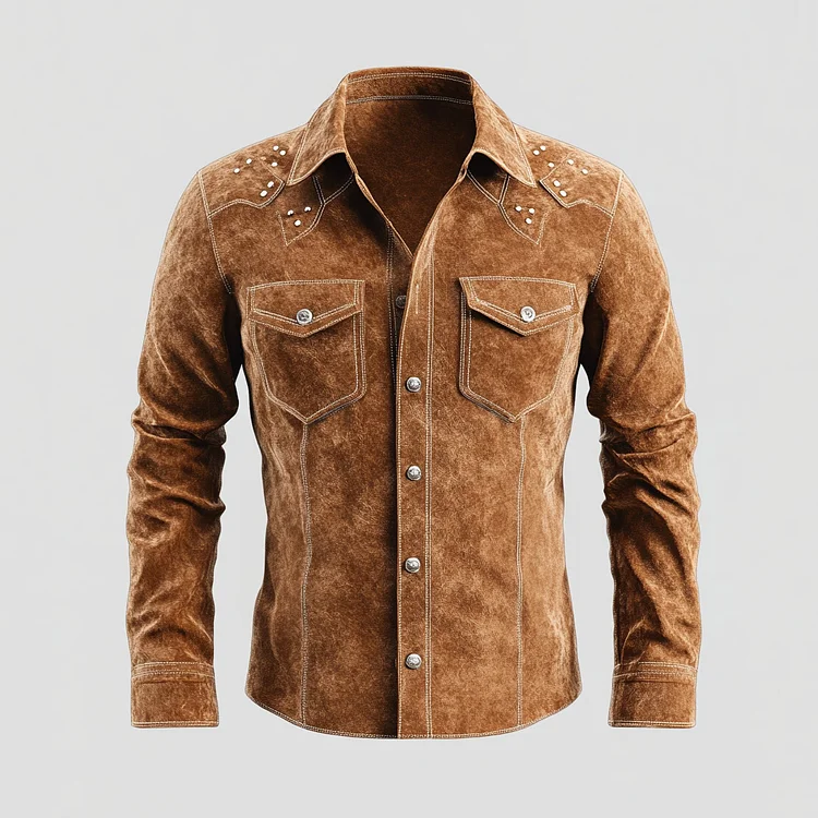 Men's Suede Studded Metal Button Long Sleeve Shirt