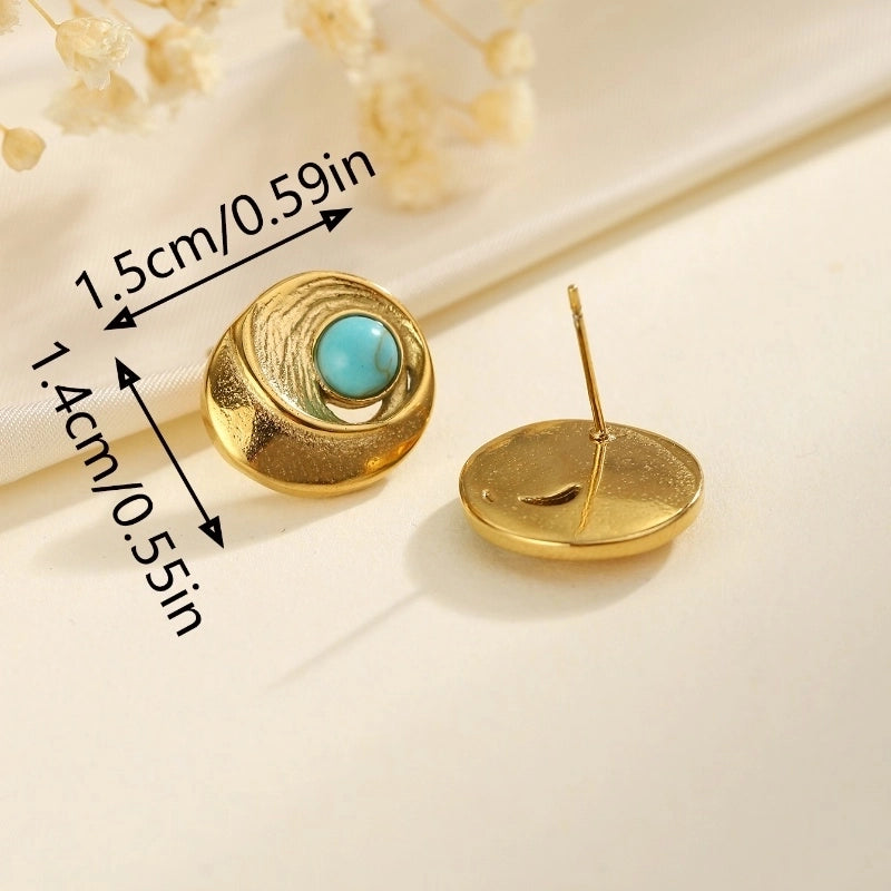 1 Pair Classical French Style Artistic Round Inlay 304 Stainless Steel Turquoise Ear Studs