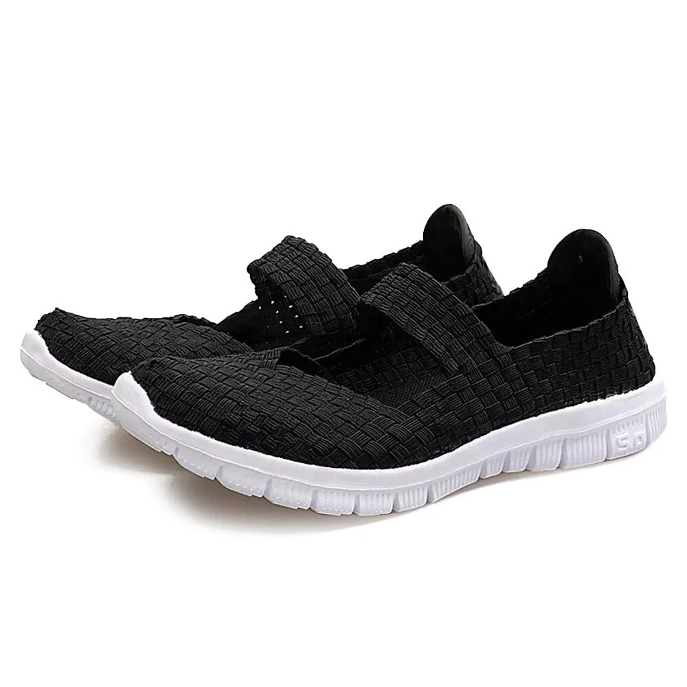 Women Mesh Woven Flat Shoes Casual Slip on Breathable Soft Platform Summer Sneakers Fashion Light Weight Elastic Trainer Sandals