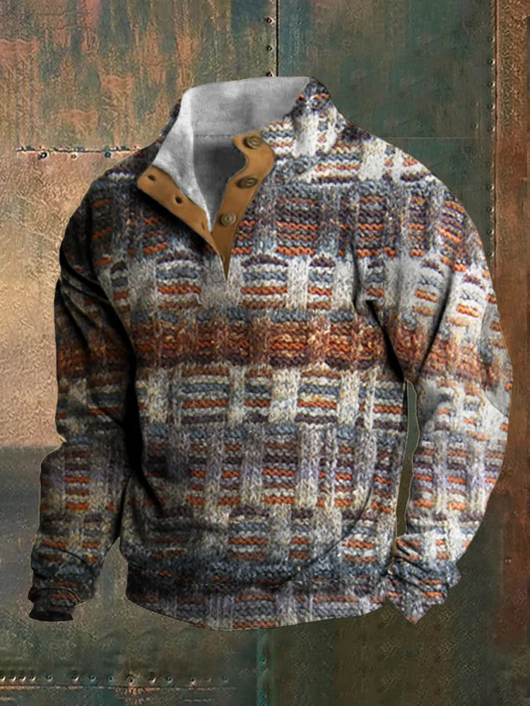 Utbros Vintage Colorful Knit Pattern Men's Stand-Up Sweater