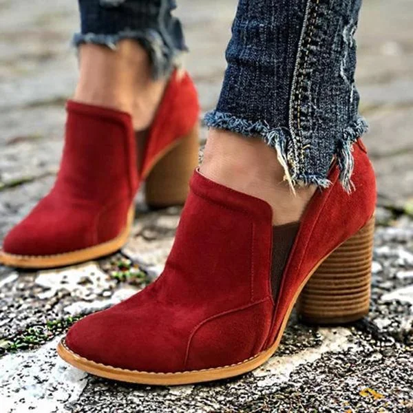 Prettyava Elegant Slip On Chunky Heel Ankle Boots