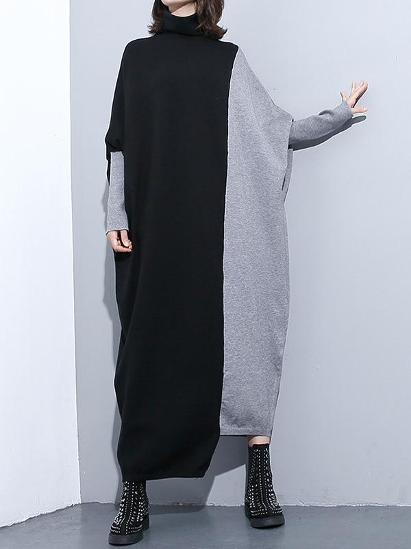 Rotimia Split-Joint High-Neck Batwing Sleeve Asymmetric Sweater Dress