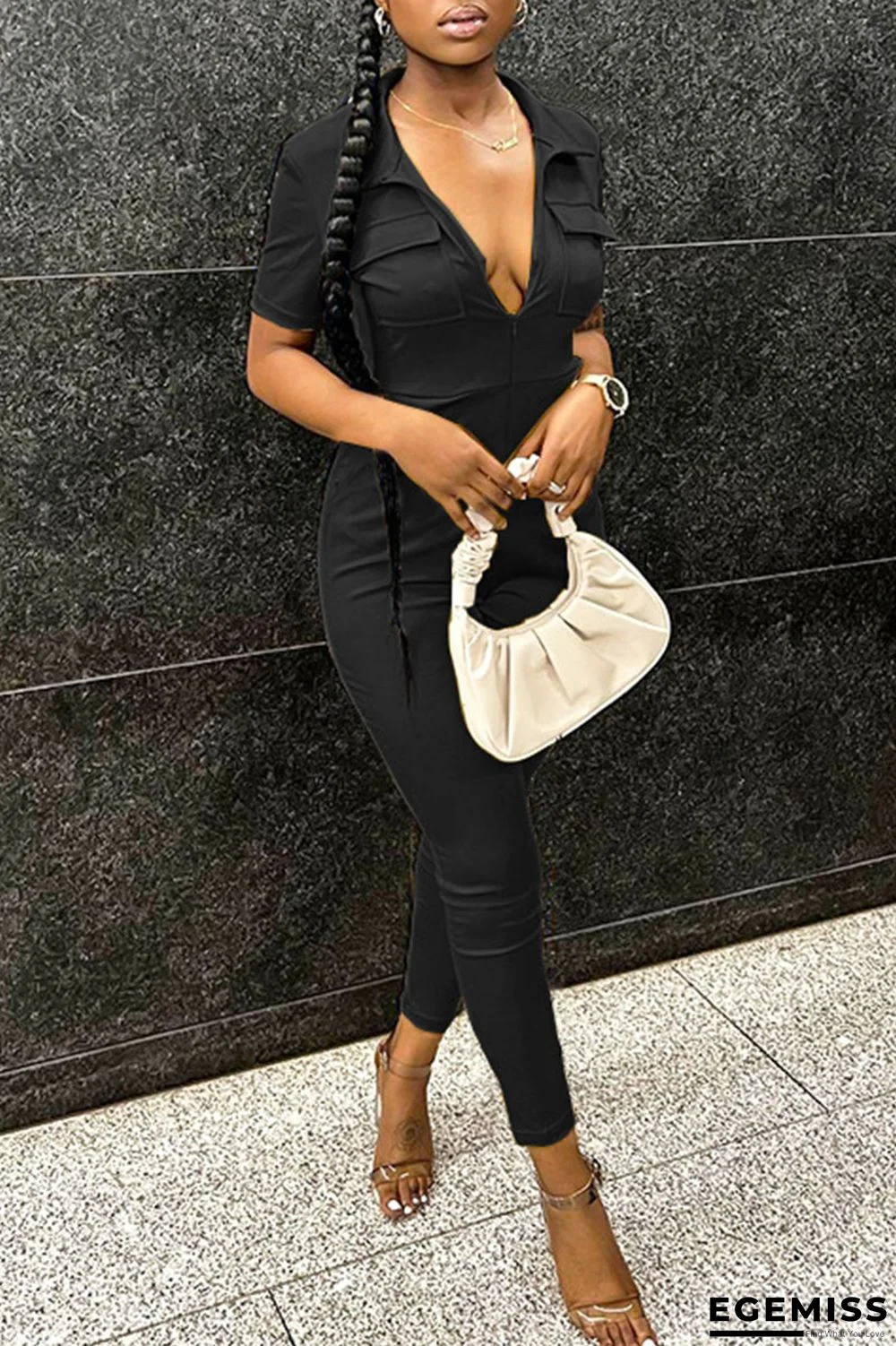 Black Casual Solid Patchwork Zipper Turndown Collar Regular Jumpsuits | EGEMISS