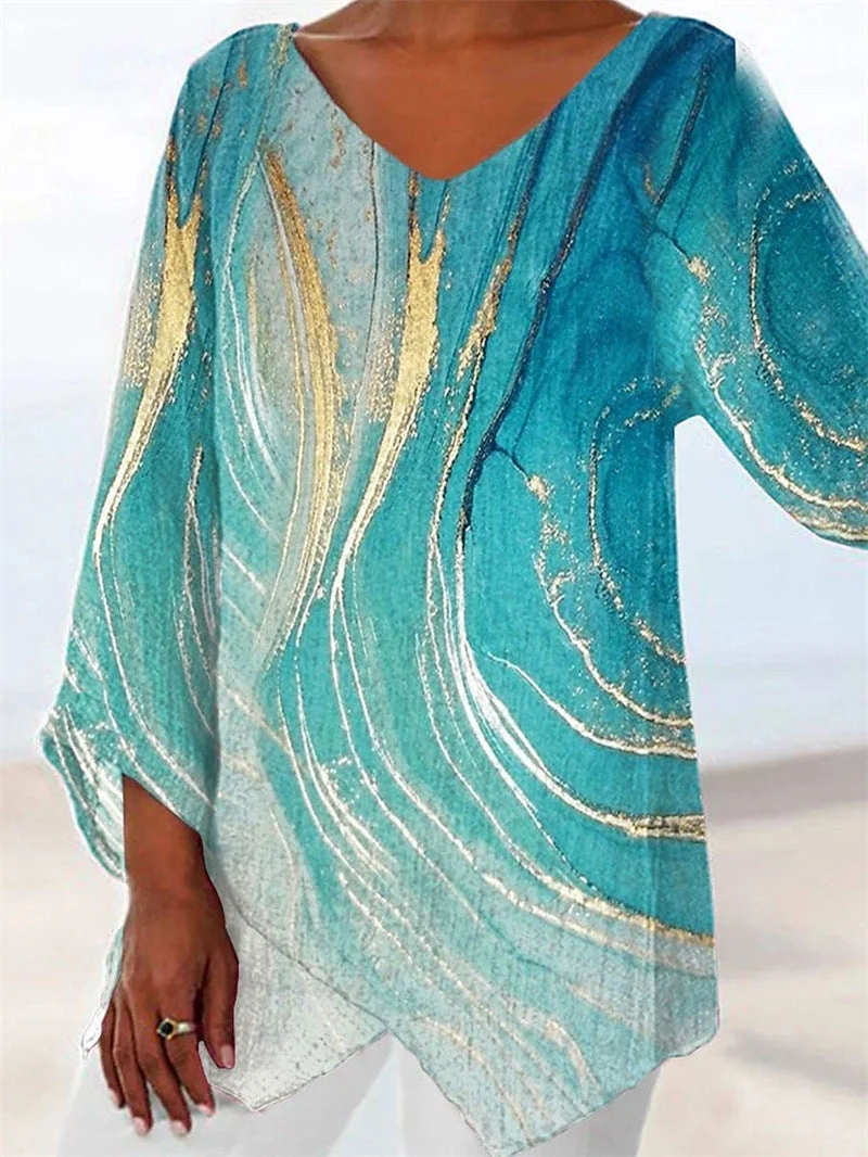 Uveng Printed Long Sleeve V-neck Patchwork Blouses