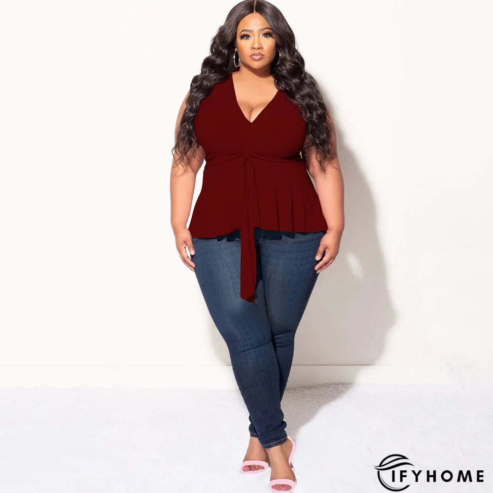 Solid Color V Neck Sleeveless Tie Fashion Summer T-Shirt Top | IFYHOME