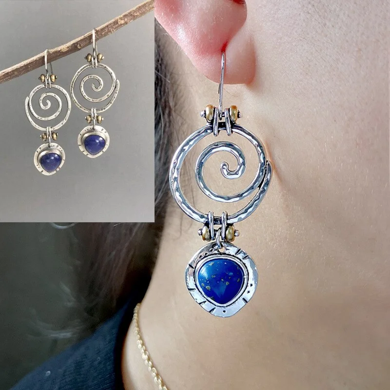 Ethnic Handmade Creative Thai Silver Lapis Lazuli Earrings Retro Exaggerated Pendant Earrings Party Jewelry
