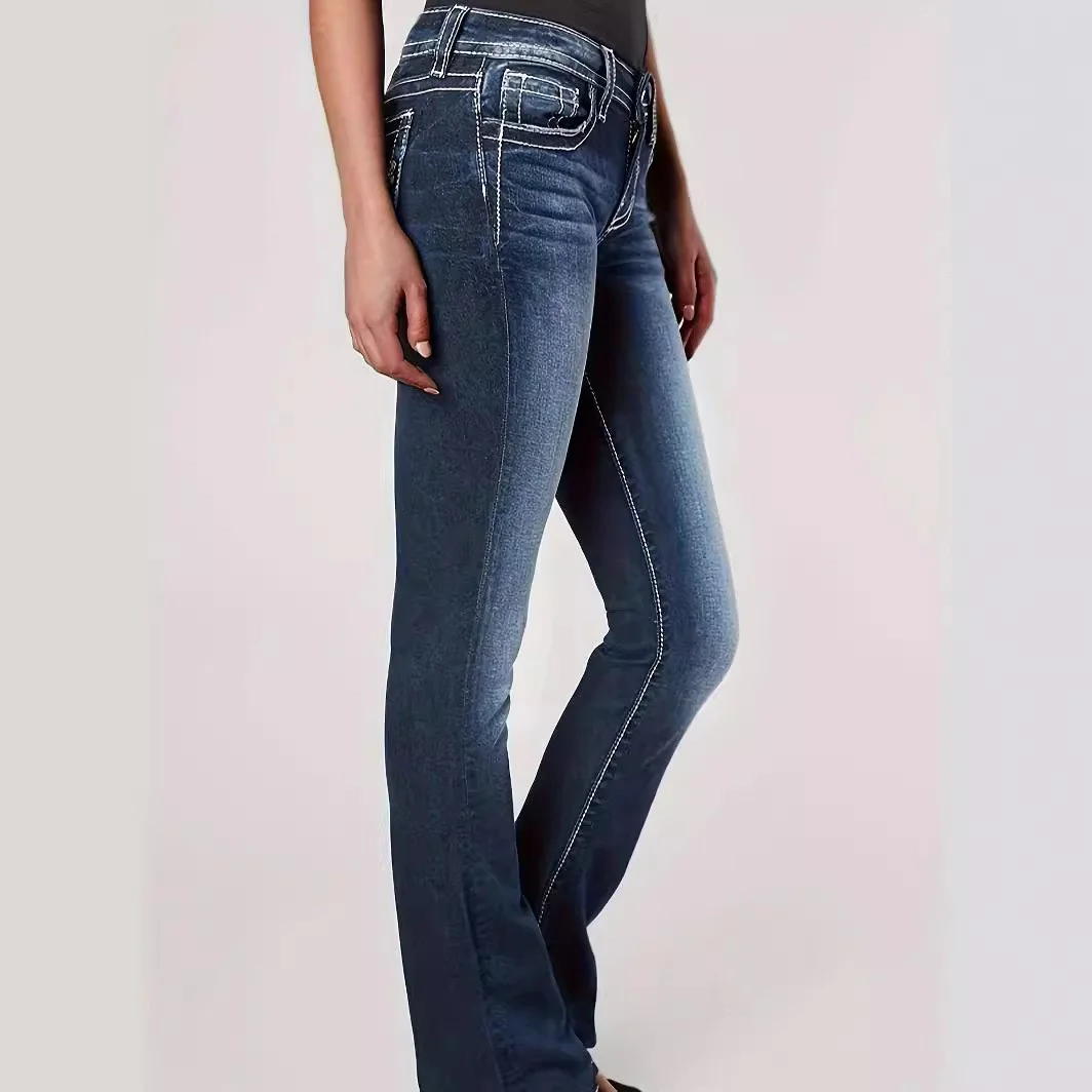 Women's Jeans Slim Fit Elastic Cross Embroidered Jeans