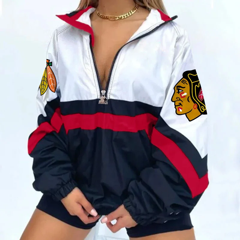 Women's Support Chicago Blackhawks Hockey Print V Neck Zipper Sweatshirt Jacket