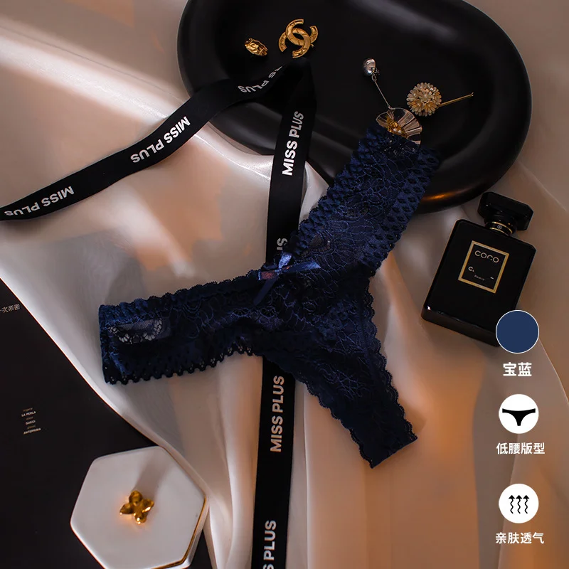 Uveng Uveng Sexy Lace Thong Female Hollow V Waist Pure Desire Bow Breathless Large Peach Butt Trousers