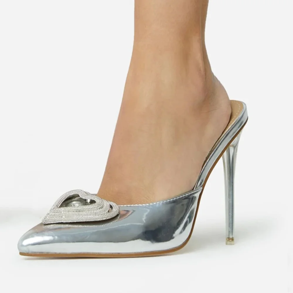 Full Silver Patent Leather Pumps Pointed Stiletto Mules With Glitter Decors Nicepairs