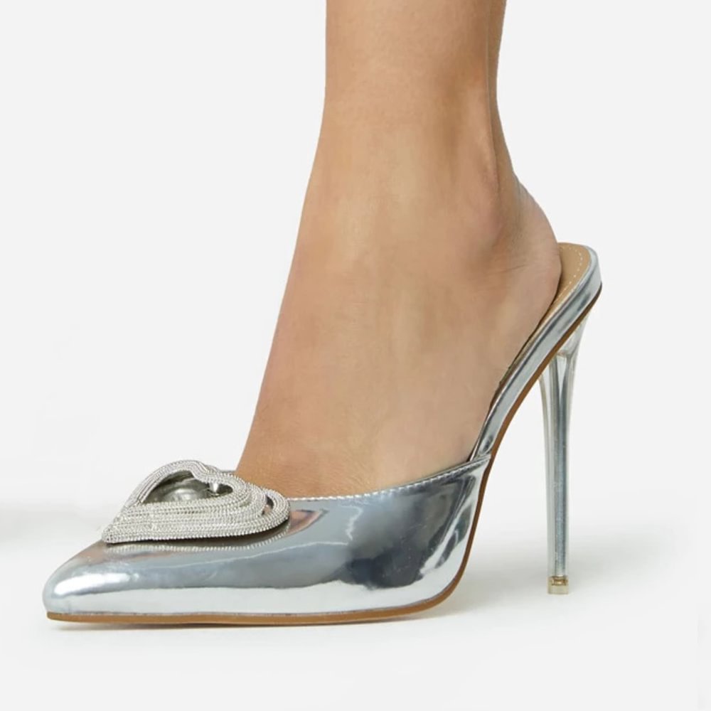 Full Silver Patent Leather Pumps Pointed Stiletto Mules With Glitter Decors Nicepairs