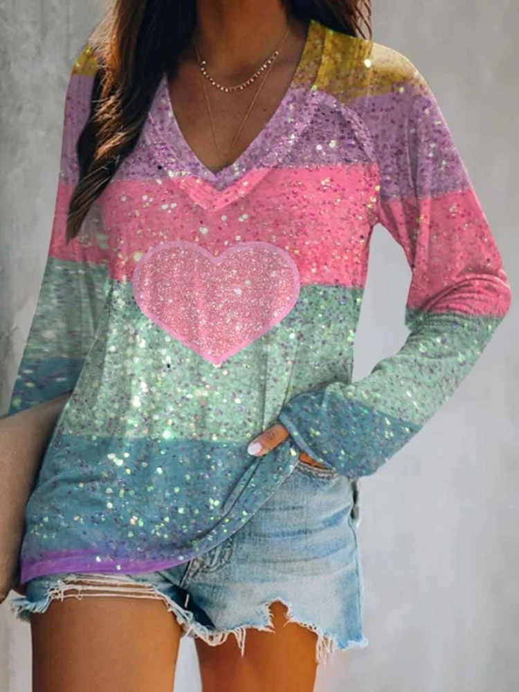 Valentine's Day Heart Sequin Print Colorblock T Shirt