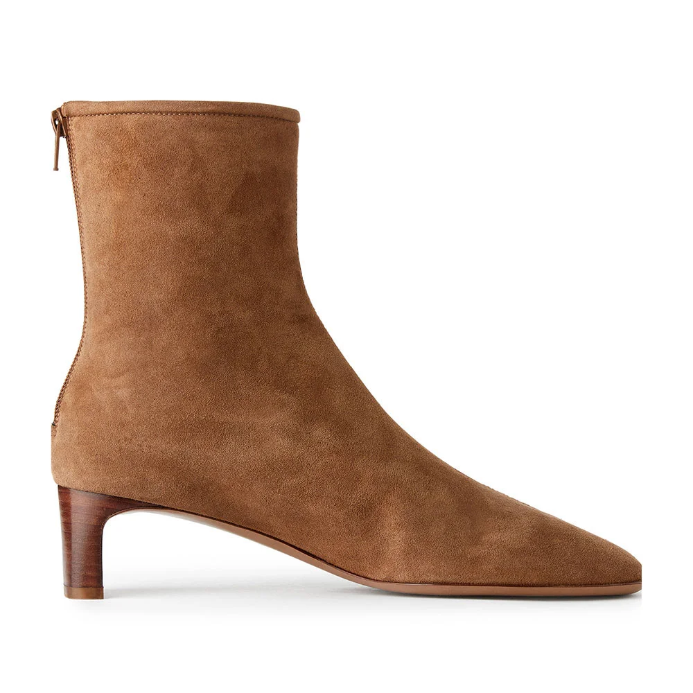 Brown Vegan Suede Square Toe Zipper Chunky Heel Short Boots for Women