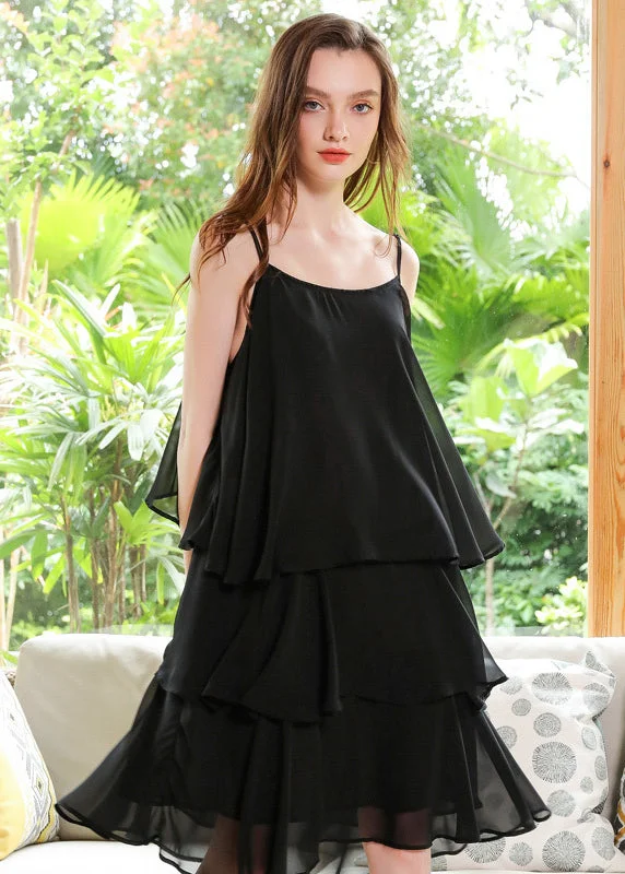 Boutique Black Oversized Layered Design Chiffon Spaghetti Strap Dresses Summer