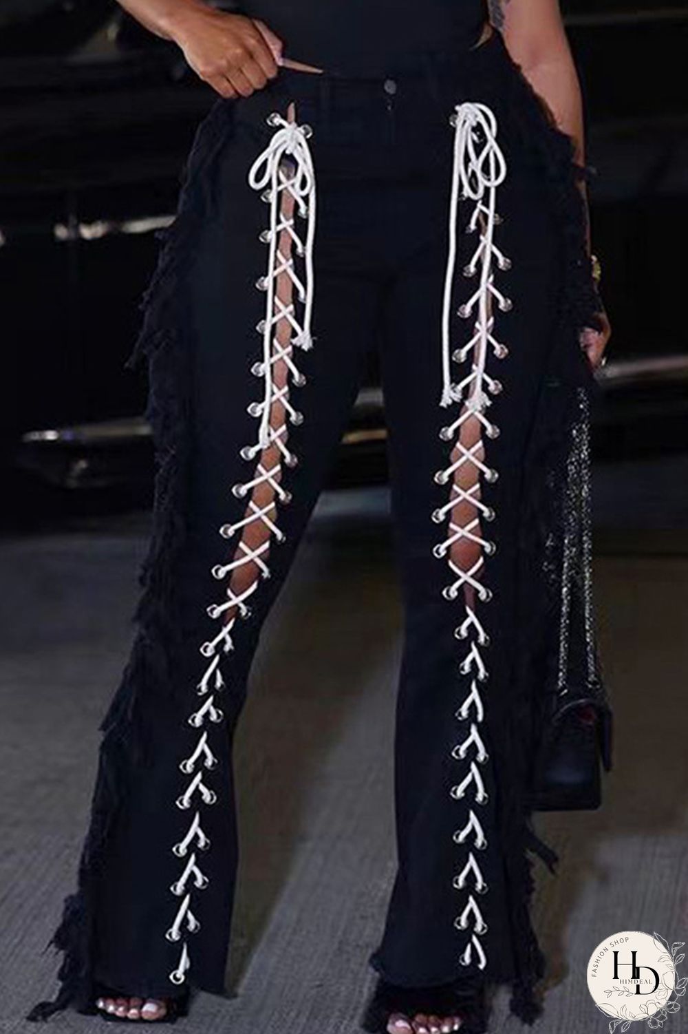 Black Fashion Casual Solid Bandage Regular High Waist Speaker Trousers