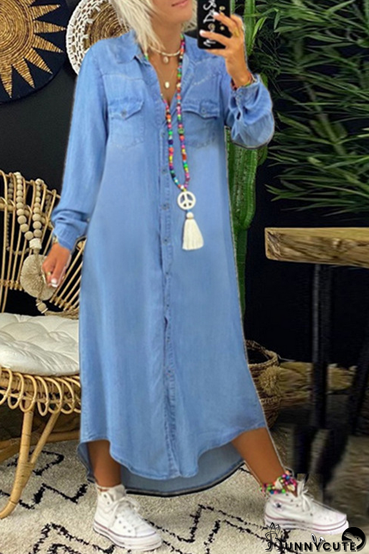 Light Blue Casual Solid Patchwork Turndown Collar Irregular Dress Dresses