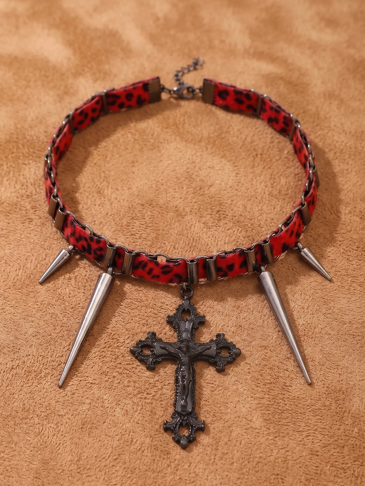 Festival Jewelry &mdash; Red Leopard Spiked Crucifix Metal Chain Choker