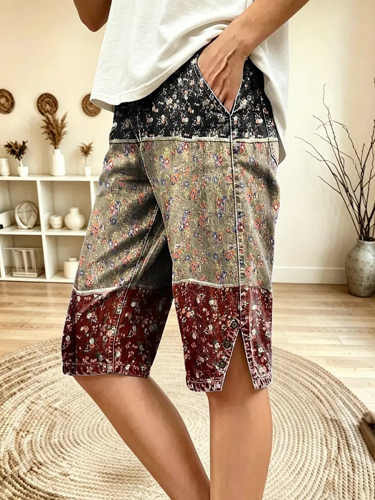 Women's Color Block Floral Print Denim Bermuda Shorts