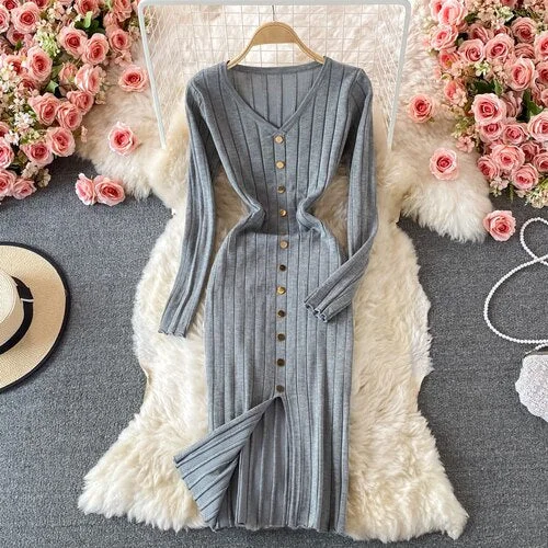 2023 New Spring Autumn Temperament V-Neck long sleeve knitted Dress single breasted high waist pleated mid-long split Dress