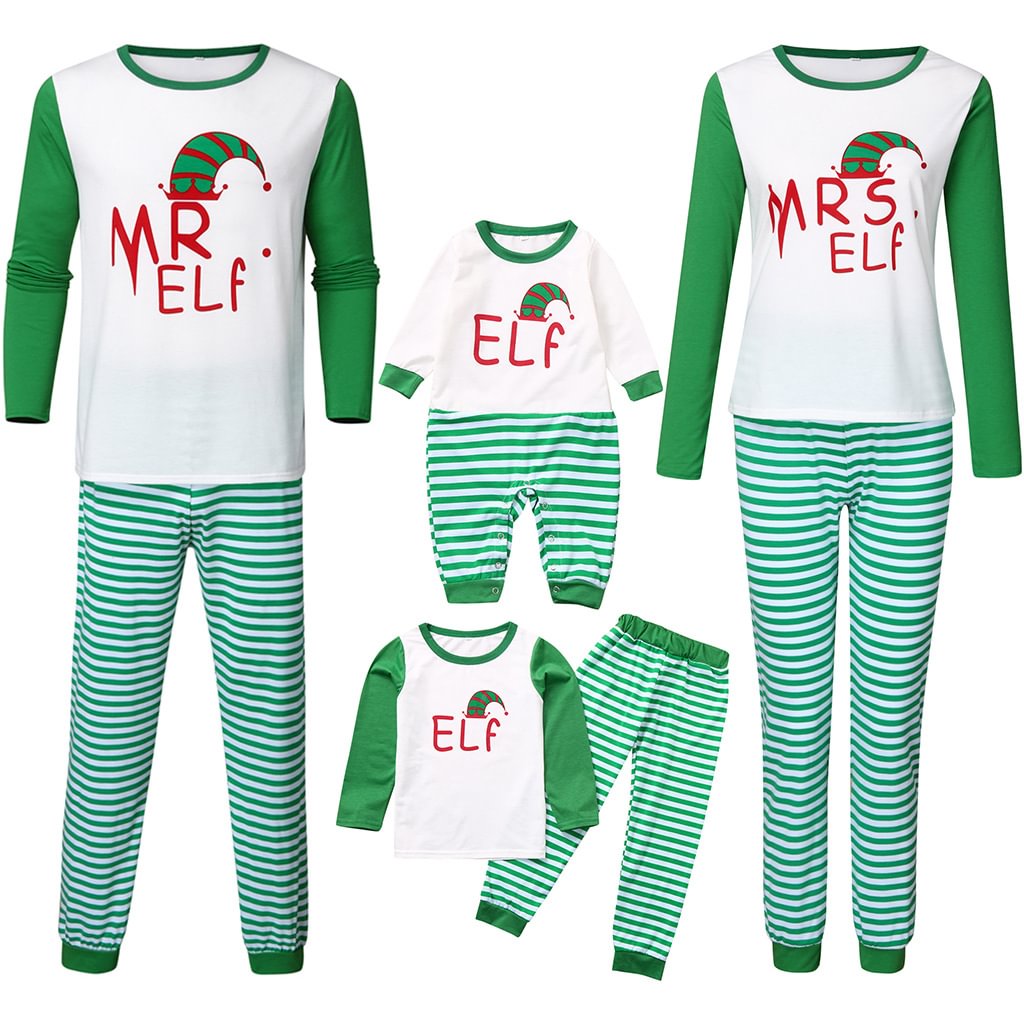 Christmas Family Matching Sleepwear Pajamas Sets ELF Christmas Hat Top and Green Stripes Pants-Pajamasbuy