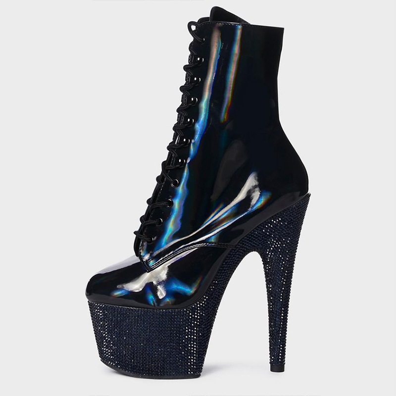 GOOSHOE Rhinestone Platform Lace-Up Ankle Boots