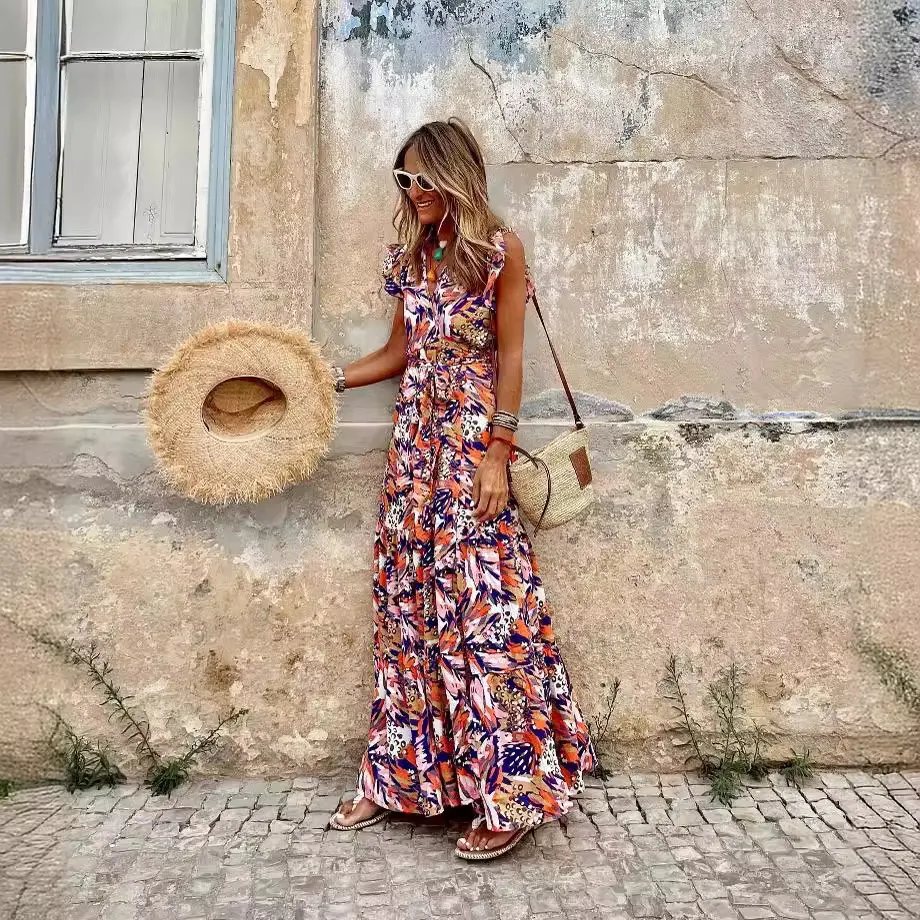 Multicolor Sleeveless Ruffled Lace-up High Waist Floral Maxi Dress