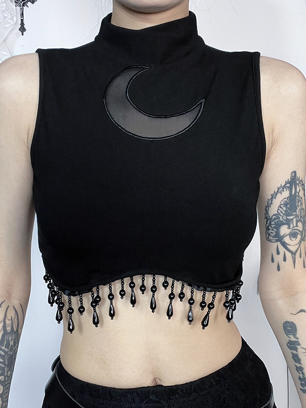Gothic Dark Moon Chain Pendant Fringed Sleeveless Crop Top