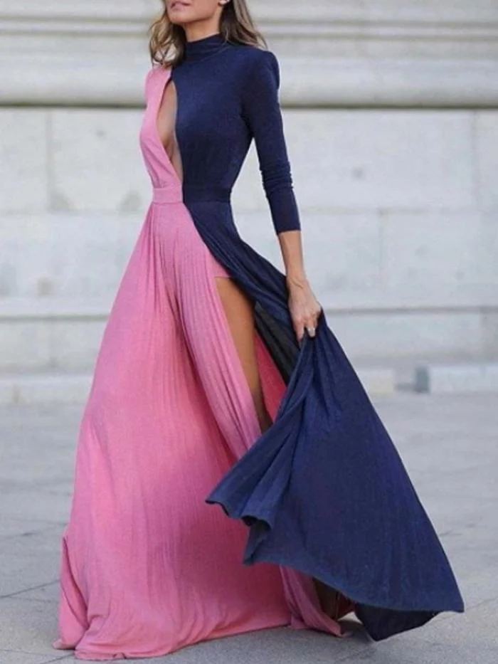 Stand Collar Pink/Navy Elegant Dress