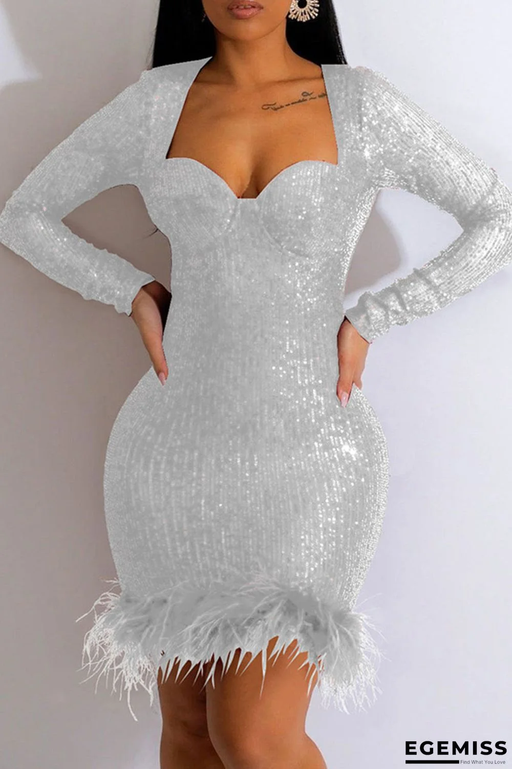Silver Sexy Patchwork Sequins Feathers Square Collar Long Sleeve Dresses | EGEMISS