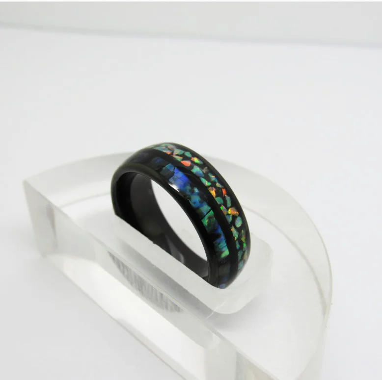 6MM 8MM Full Arc Electric Black Tungsten Carbide Wedding Bands Inlaid Opal And Abalone Shell Couple