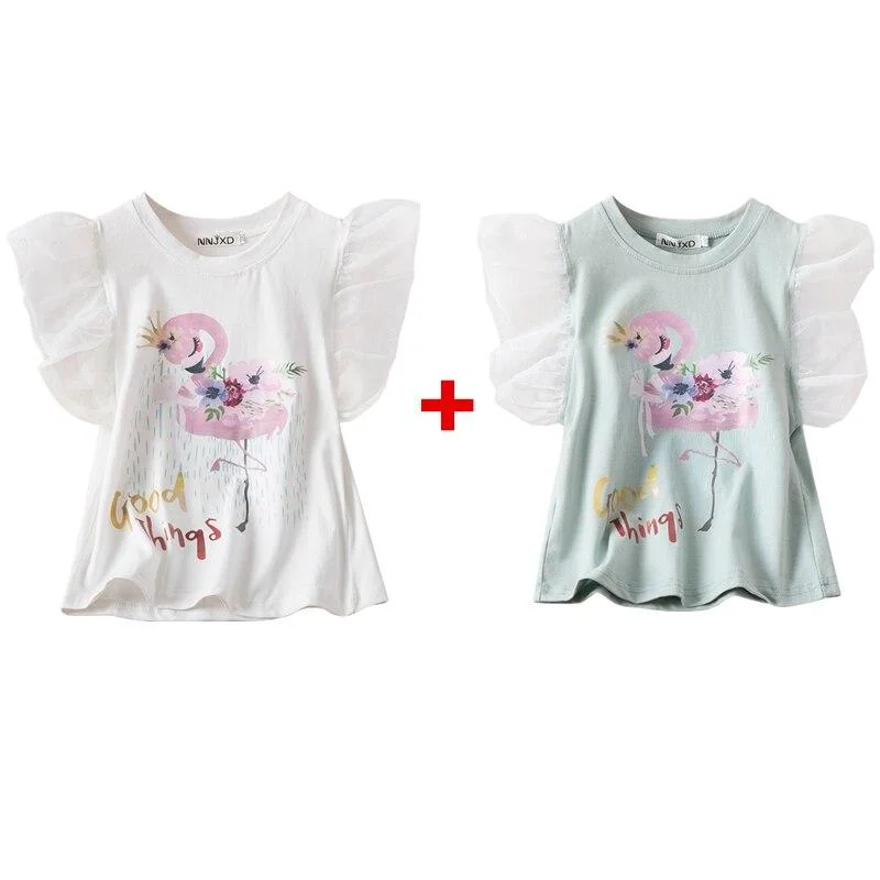 Summer Girls 2Pcs/Lot T-shirt Kids Animal Print Short Sleeve Tees Children 100%Cotton Cartoon Tops Birthday Clothing Casual Wear