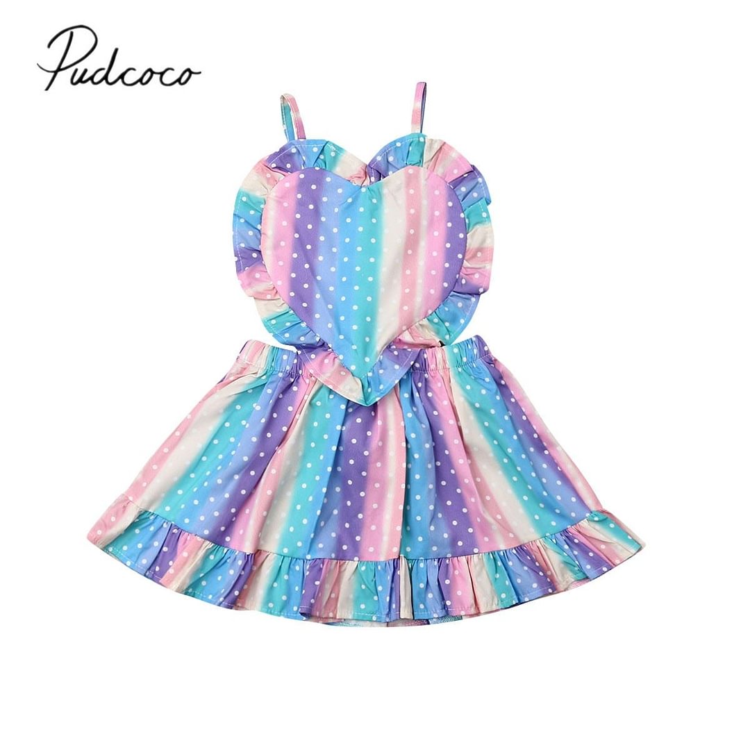 2019 Baby Summer Clothing Toddler Baby Girls Colorful Dress Love Rainbow Striped Ruffles Strap Dress Romper Outfit Clothes 1-5Y