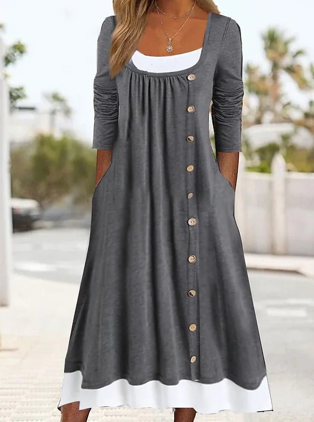 Gray Scoop Neck Button Front Twofer Midi Dress