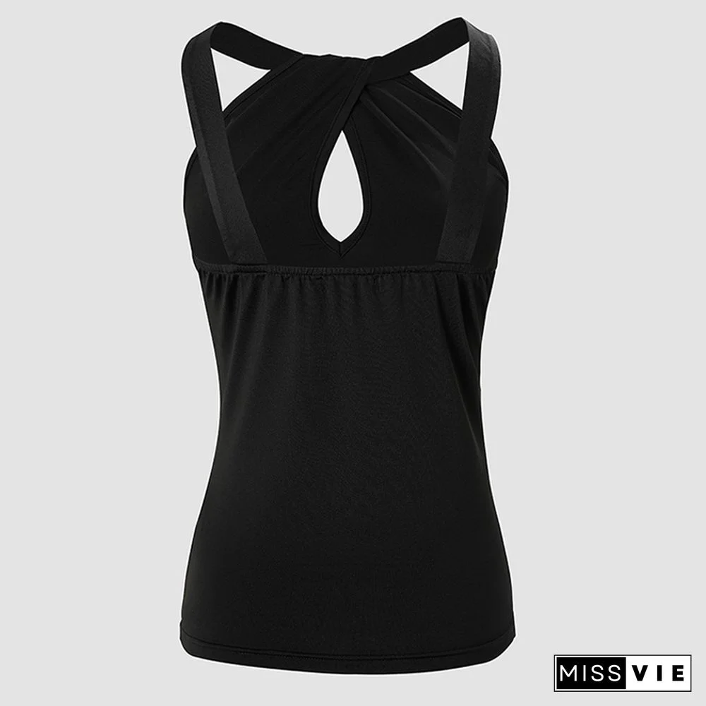 Fashion Folds Solid Color Tank Top Women Sexy Halter Rhinestone Hollow Out Slim Top Casual Straps Backless Inside Tee Shirt Vest