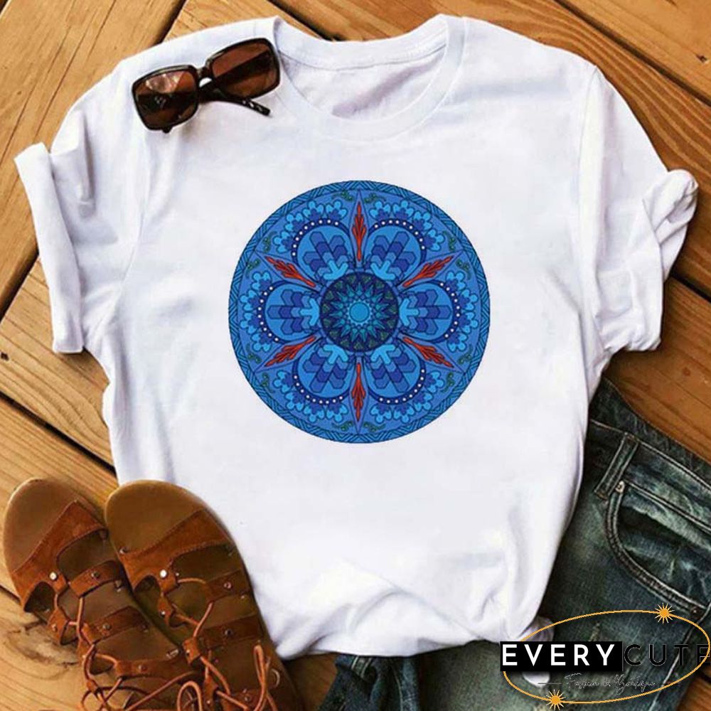 Maycaur New Mandala Floral Printed T Shirt Women Casual Fashion T-shirt Loose Short Sleeve 90s Girls Aesthetics Black Tshirt Top