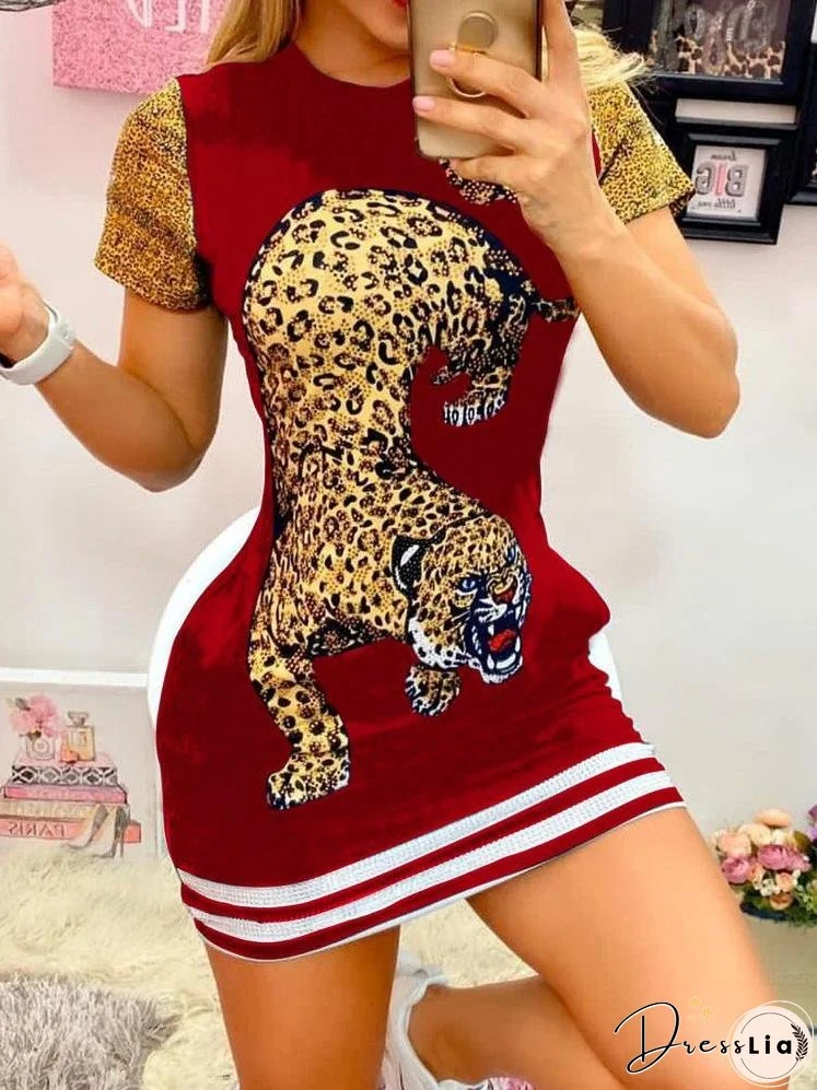 Tiger Print Short Sleeve Casual Dress