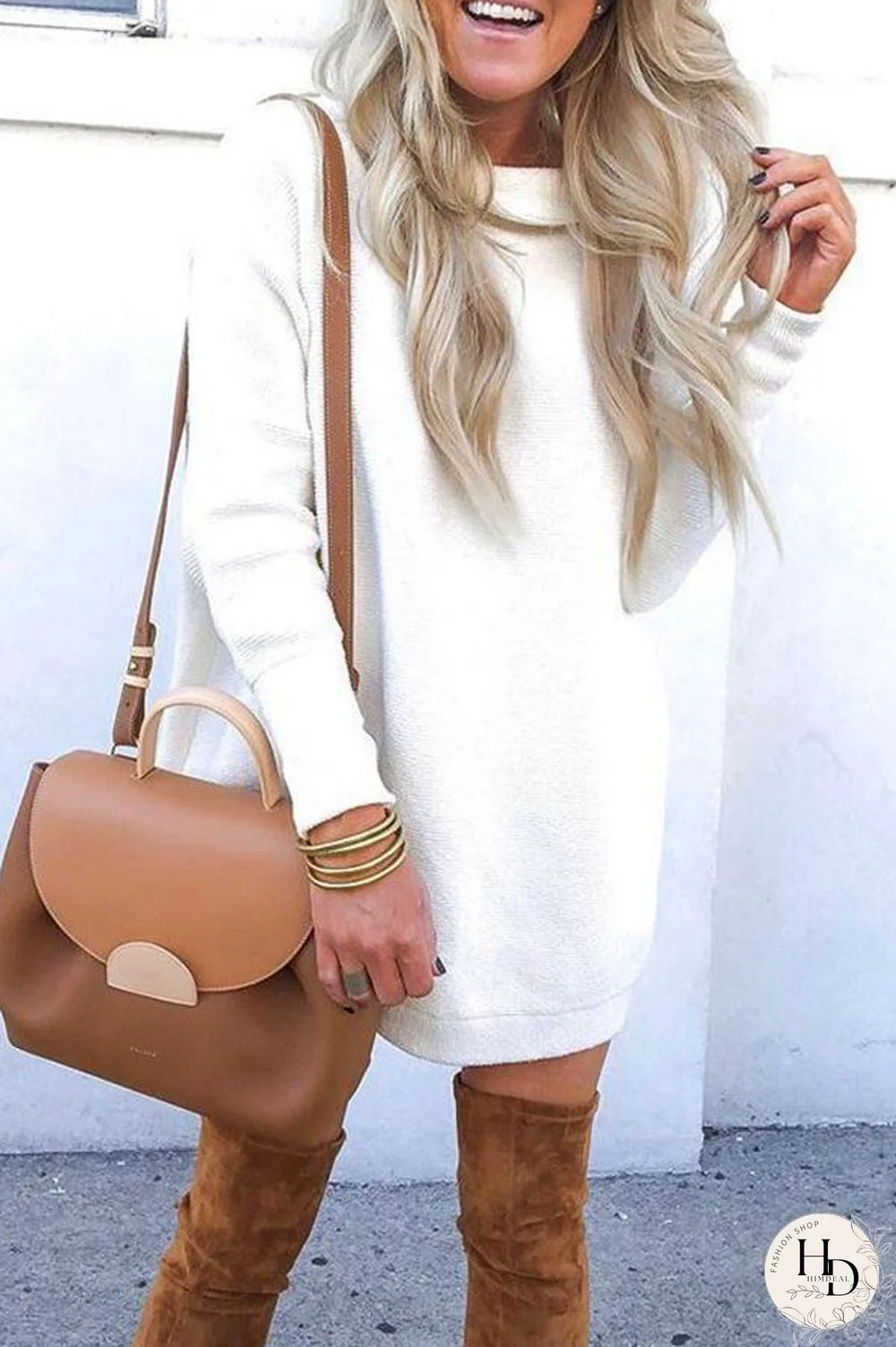 Round Neck Long Sleeve Knitted Dress P14429