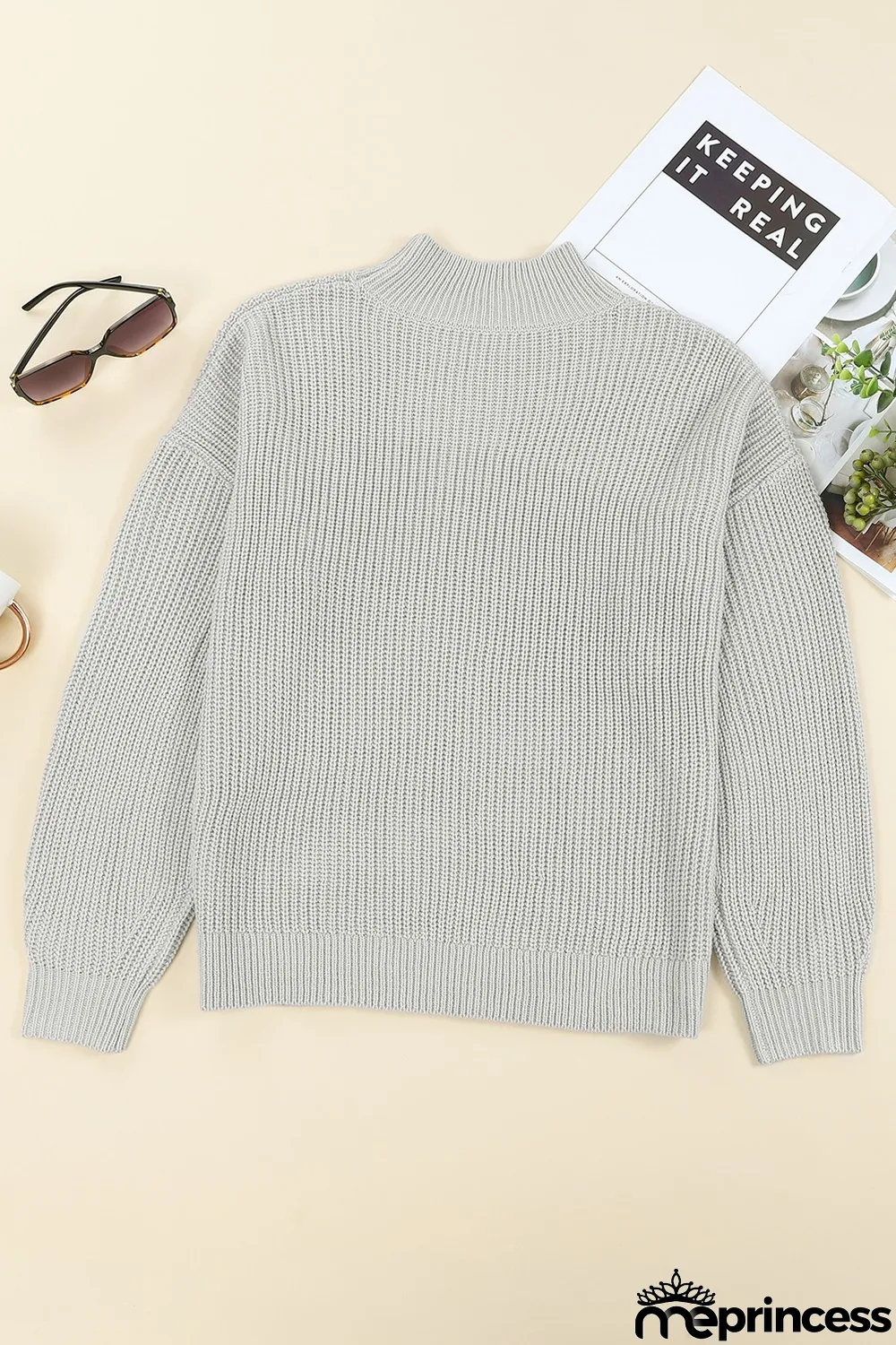 Gray High Neck Drop Shoulder Plain Sweater