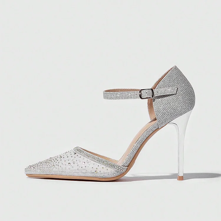 Women'S Silver Pointed Rhinestones Pump Elegant Ankle Strap Stiletto Heel Bridal Shoes |FSJ Shoes