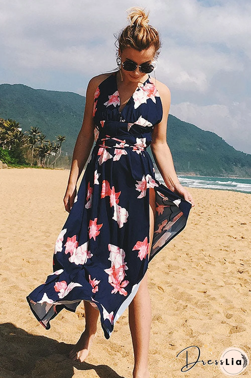 Floral V Neck Crisscross Lace-up High Split Maxi Dress