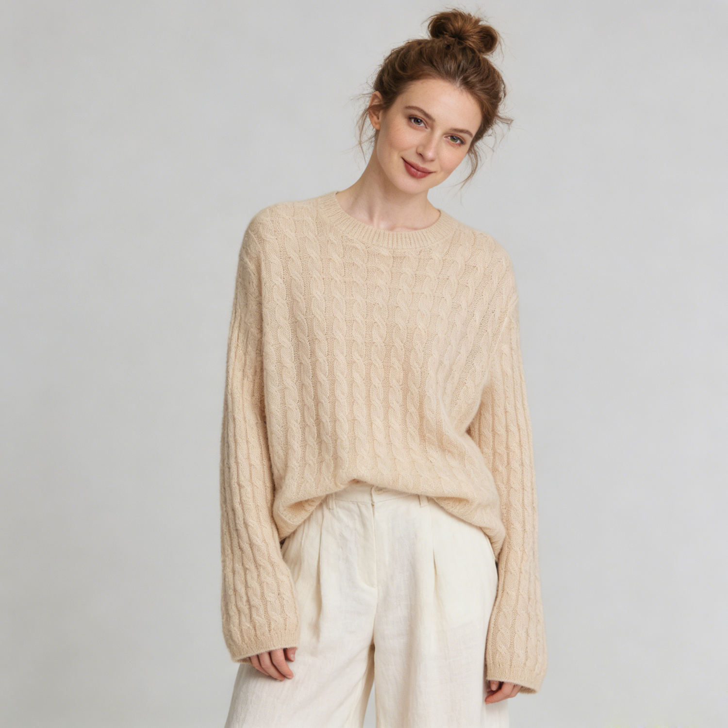 Women's Crewneck Cable Silk Cashmere Sweater | Spring Summer REAL SILK LIFE