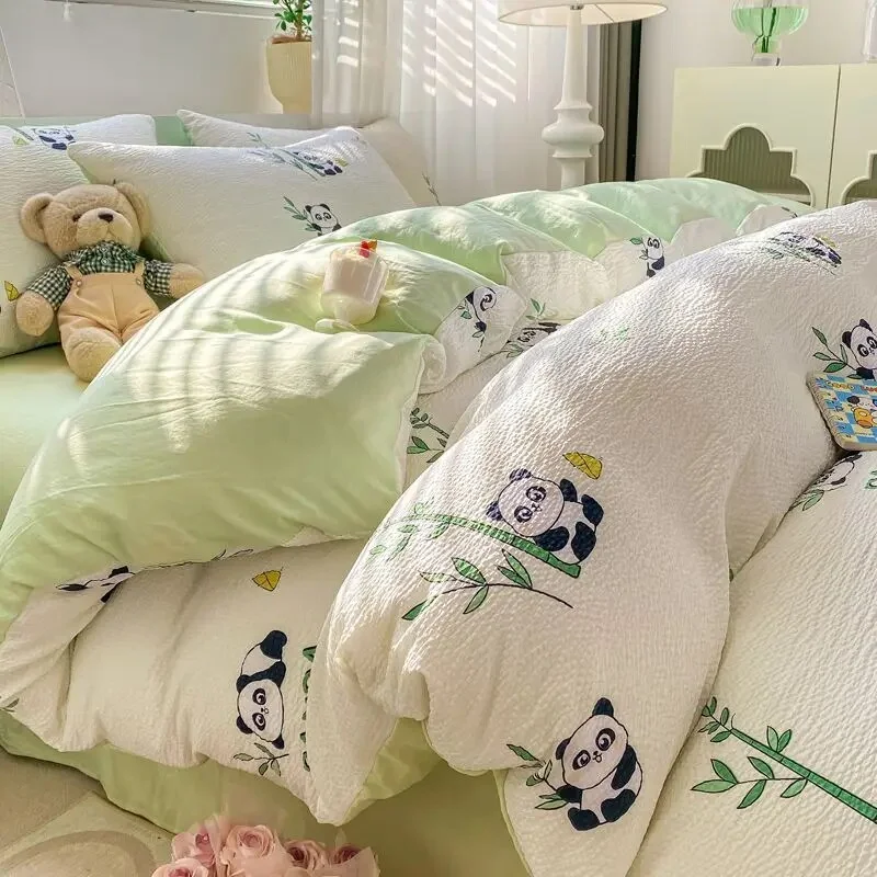 Aonga Ins Floral Style Bedding Set No Filler Breathable Seersucker Soft Single King Size Duvet Cover Flat Fitted Sheet Pillowcase Set aonga