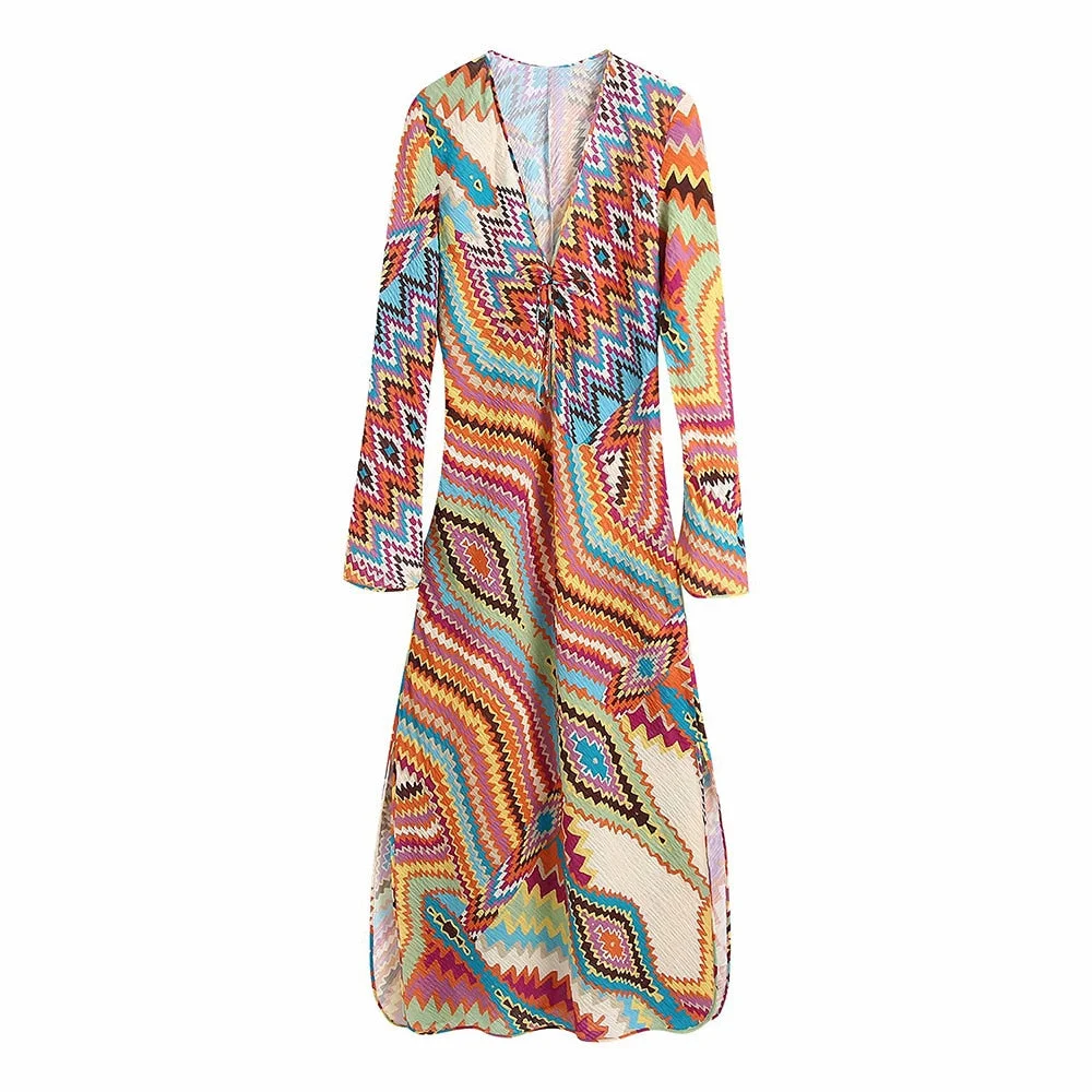 KPYTOMOA Women 2021 Chic Fashion With Drawstring Printed Midi Dress Vintage Long Sleeve Side Vents Female Dresses Vestidos Mujer